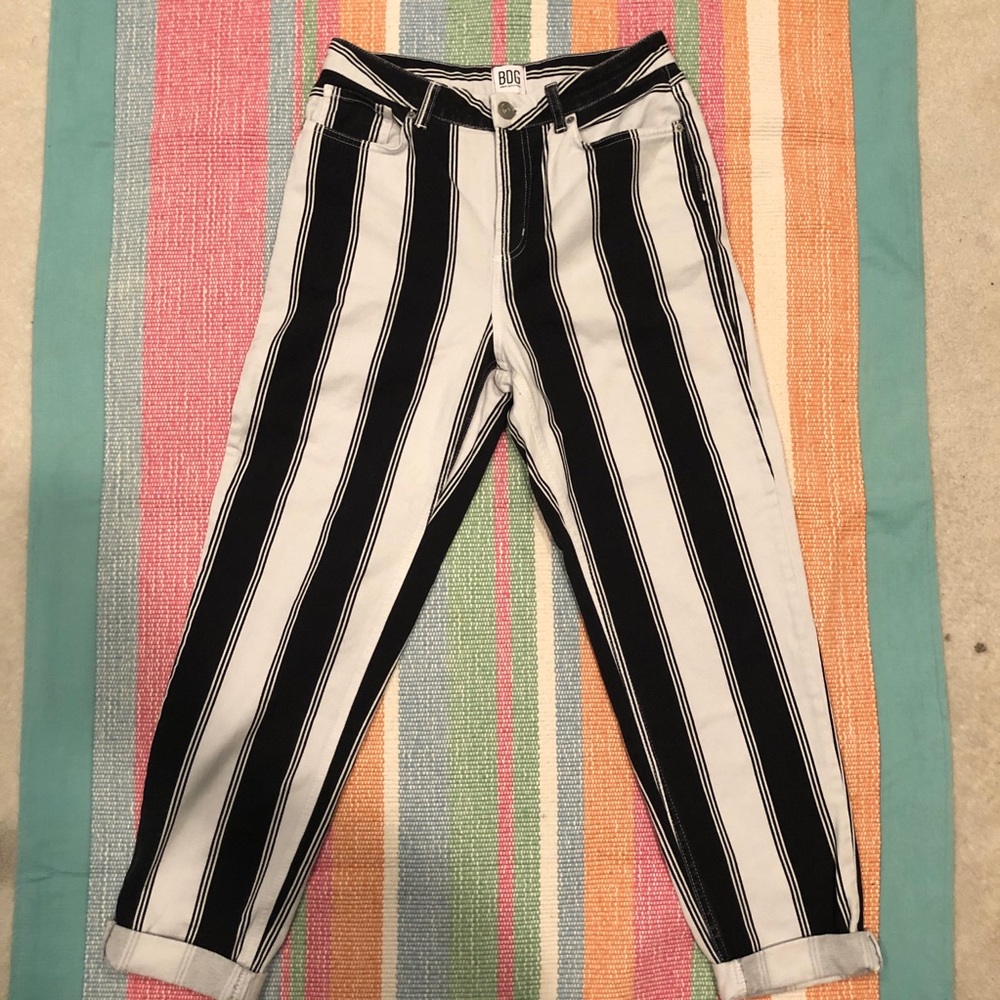 black and white striped mom jeans